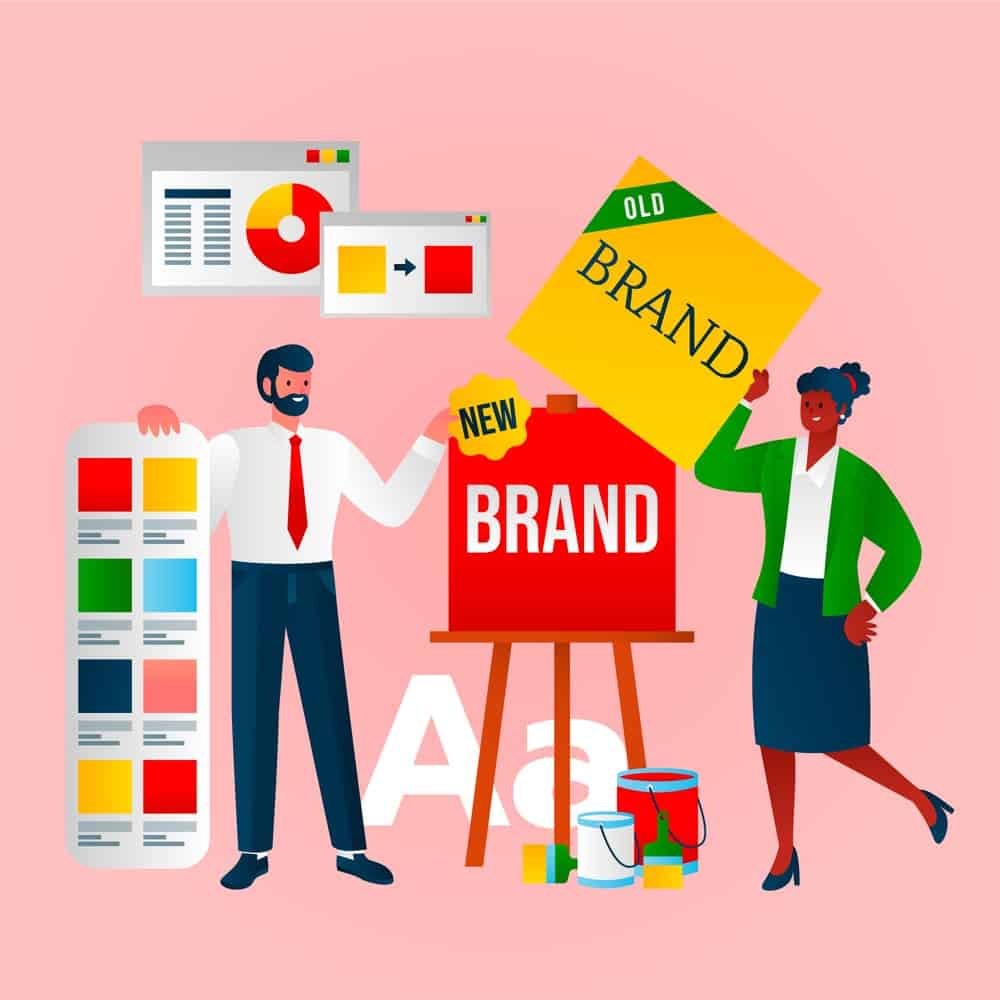 ilustración de una empresa que cambia su antiguo logo por uno nuevo mostrando la estretegia de marketing llamada Rebranding